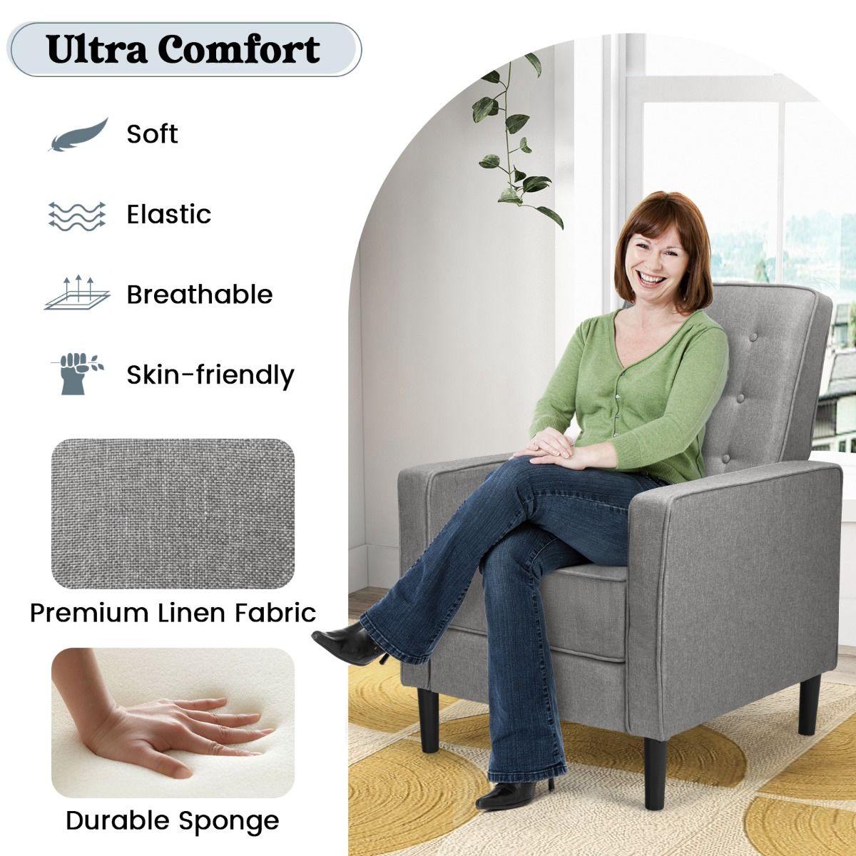 3-Position Adjustable Sofa Chair Leisure Seat with Extendable Footrest - Grey